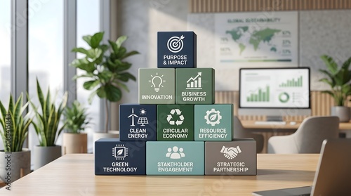 Corporate Sustainability and ESG Analytics Dashboard Concept with Icon Blocks on Business Desk