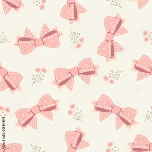 Bow seamless pattern with cute pink polka dot ribbons and tiny floral bouquets on pastel cream background for fabric, textile, wallpaper, wrapping paper and nursery decor.