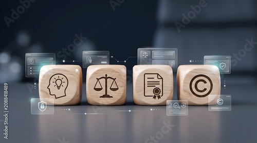 Intellectual property concept with wooden dice showing idea scales of justice certificate and copyright symbols for legal protection