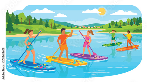 Diverse group of people paddleboarding on a calm lake, enjoying summer water sports and outdoor recreation.