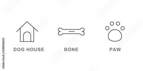 Photography Minimalist line art icons of a dog house, bone, and paw print on a white background