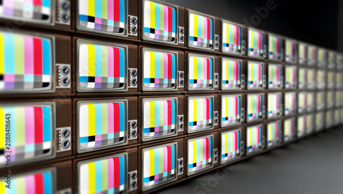 Old analogue televisions with test screens stack. 3D illustration