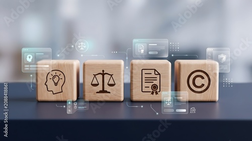 Copyright and intellectual property protection symbols on wooden blocks with digital security holograms for legal compliance