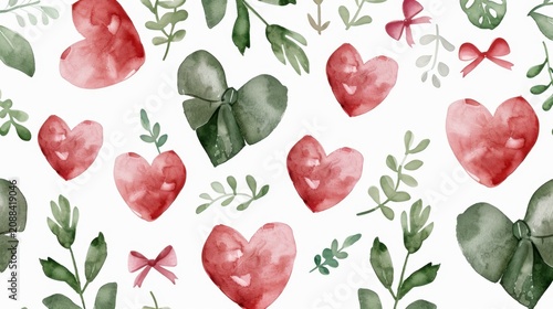 Romantic watercolor hearts and leaves pattern for festive occasions and creative design projects