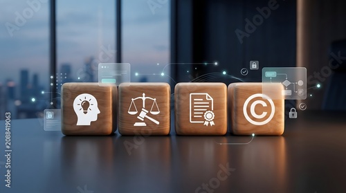 Legal framework for intellectual property protection shown through wooden cubes with patent copyright and justice icons in office