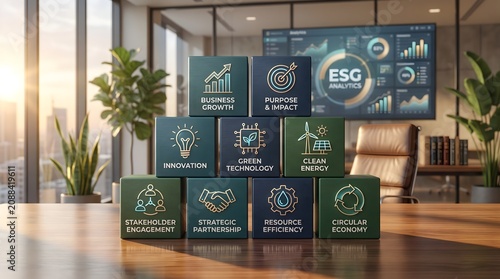 ESG analytics dashboard with sustainable business strategy blocks representing green technology circular economy and resource efficiency