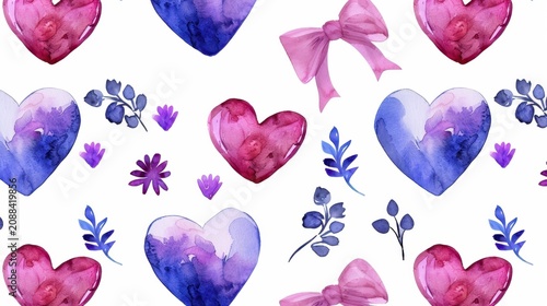 Colorful watercolor hearts and floral elements with bows on white background for seamless pattern design