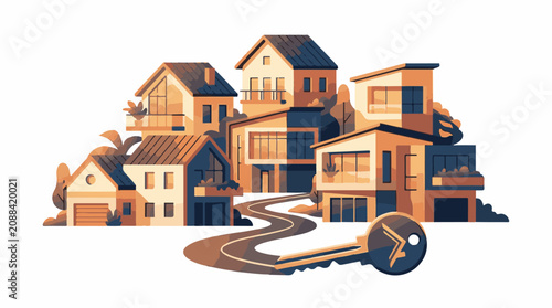 Stylized houses with a winding road leading to a key