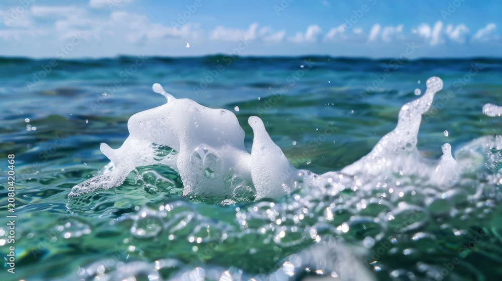 Fototapeta premium Dynamic Ocean Wave with Splashing Foam and Clear Blue Water Under Bright Sky