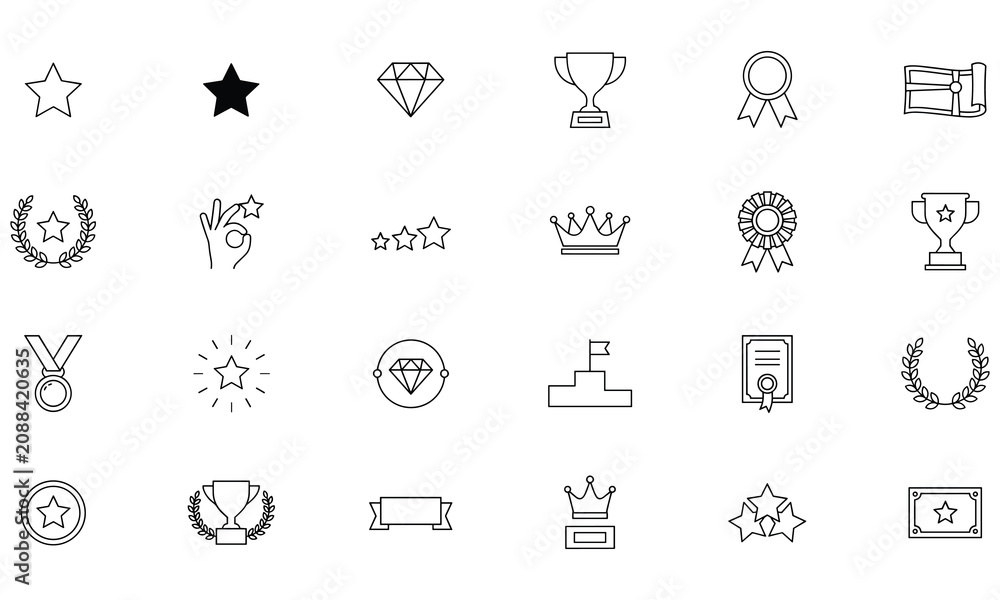 Fototapeta premium Collection of black and white line representing success, achievement, awards, trophies, medals, and star ratings symbols