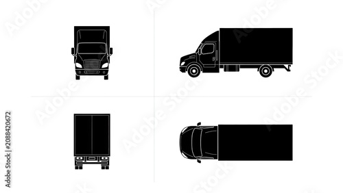 Detailed black silhouette icons of a delivery truck shown from four different angles on transparent background