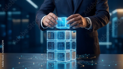Enterprise digital strategy and modular technology architecture represented by glowing blue holographic cubes in a corporate setting