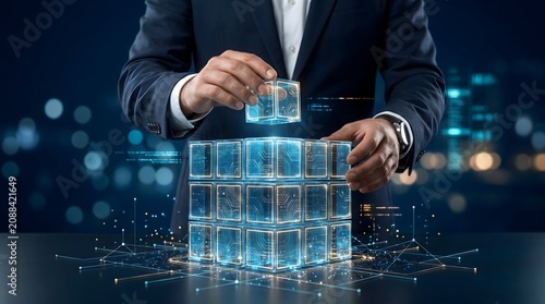 Businessman placing final glowing digital cube completing a virtual circuit block symbolizing system integration and enterprise software solutions