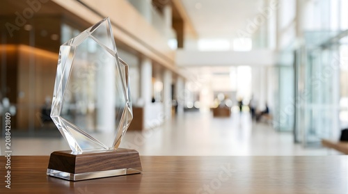 Clear glass award with wooden base displayed in a bright modern office lobby