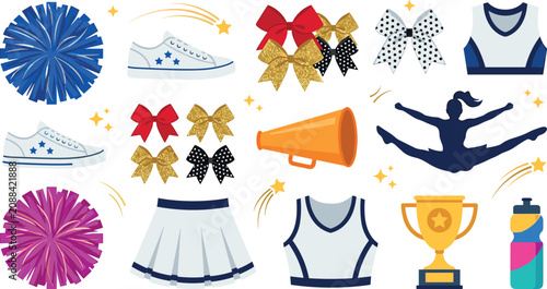 Obraz na płótnie Cheerleading Team Equipment and Apparel Set with Pompoms Megaphone Uniform Troph