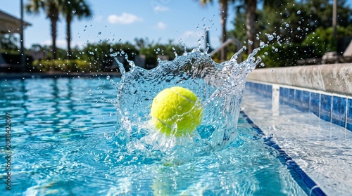 Bright yellow tennis ball splashing into clear blue swimming pool, water droplets flying outward, tiled edge palm trees sunny sky background, symbolic representation of motion, energy, precision, dyna