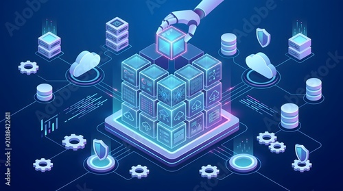 Robotic arm placing glowing microchip data cube into a digital architecture representing automated software development and cloud integration