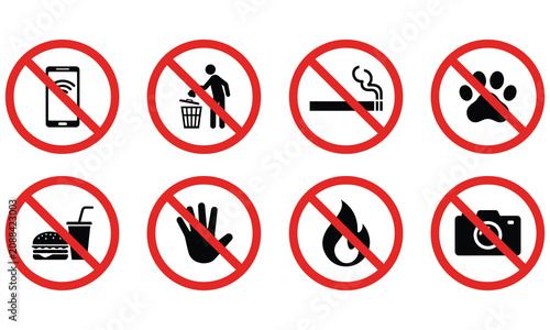 Tableau sur toile Collection of eight prohibition signs with red circles and crossbars on a white
