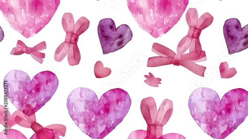 Beautiful Watercolor Pattern of Hearts and Bows in Shades of Pink and Purple for Romantic Designs and Art Projects