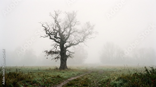 Large leafless oak tree twisting branches in grassy frosty field, foggy atmosphere narrow dirt path leading, misty background faint hills, symbolic representation of solitude, serenity, nature, timele