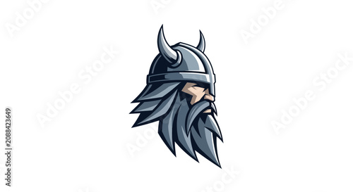 Konstfotografi Viking Warrior Head with Horned Helmet and Beard Illustration.