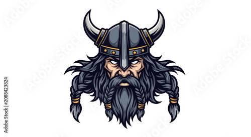Fotografie Viking Warrior Head with Horned Helmet and Braided Beard.