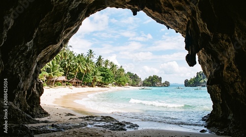 View from rocky cave interior framing tropical beach, turquoise water sandy shore lush vegetation, partly cloudy blue sky, distant figures walking, symbolic representation of contrast, nature, discove