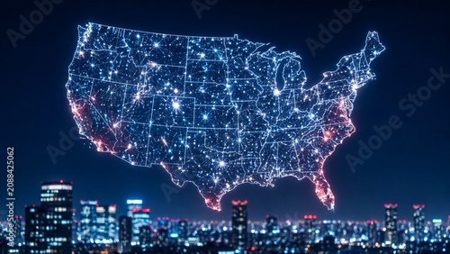 Glowing USA constellation map above generic city lights at night