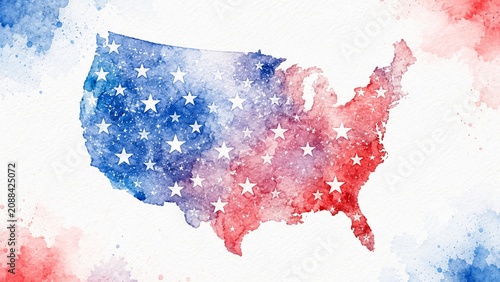 Watercolor United States silhouette filled with white stars on soft paper texture