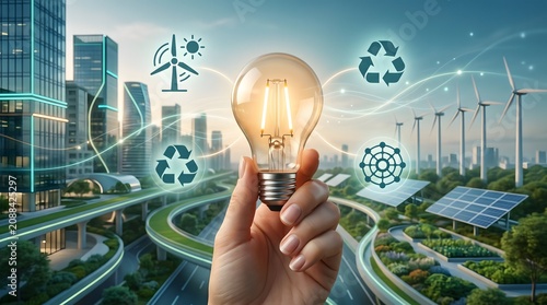 Sustainable Mobility Concept Showing Glowing Lightbulb and Green Energy Icons Over Futuristic Highway and Solar Farm Infrastructure