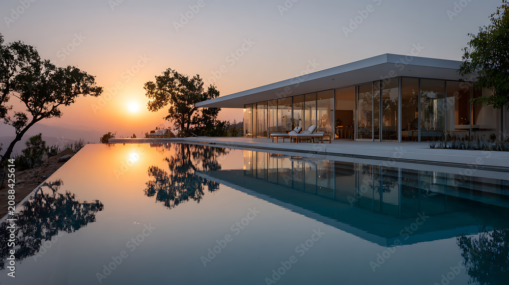 Fototapeta premium luxury modern villa with infinity pool overlooking mountains during a stunning golden sunset in a vacation destination