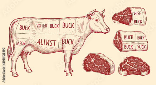 Fotografía Vintage Butcher Shop Diagram of Beef Cuts with Cow Illustration.