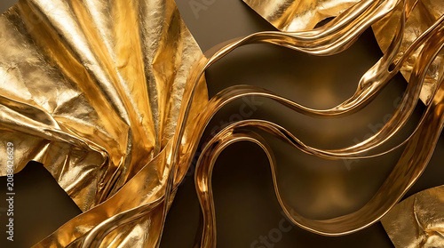 Flowing abstract golden ribbons and fabric with elegant smooth curves and light reflections
