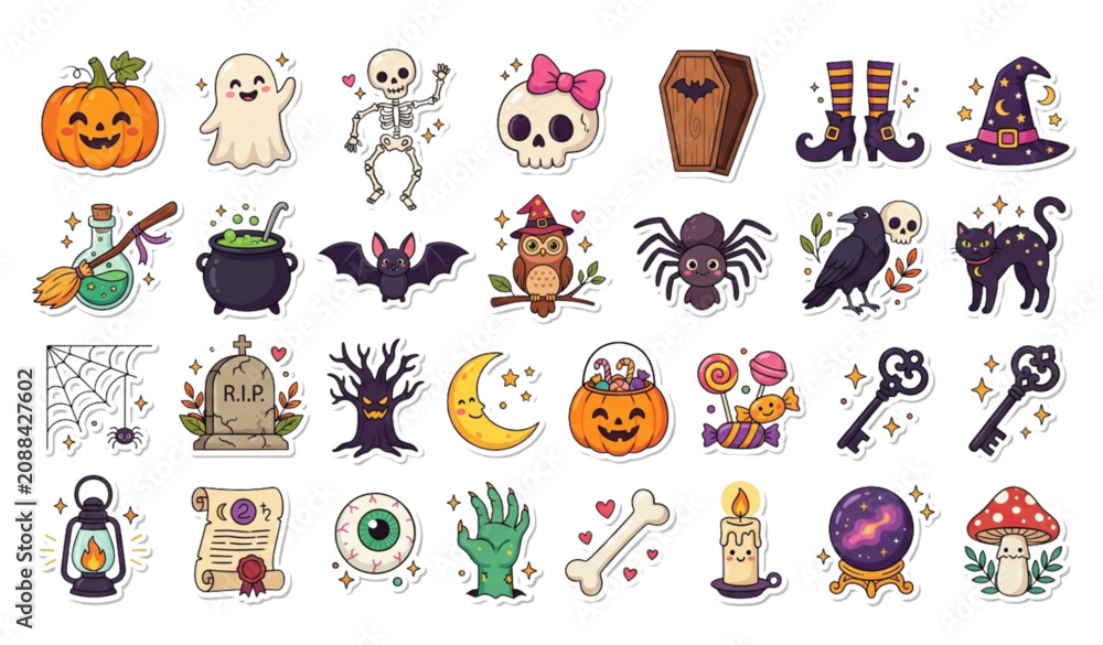 Obraz premium Cute Halloween Sticker Elements – Vintage Cartoon Pumpkins, Ghosts, Skeletons and Spooky Clipart Vector Set