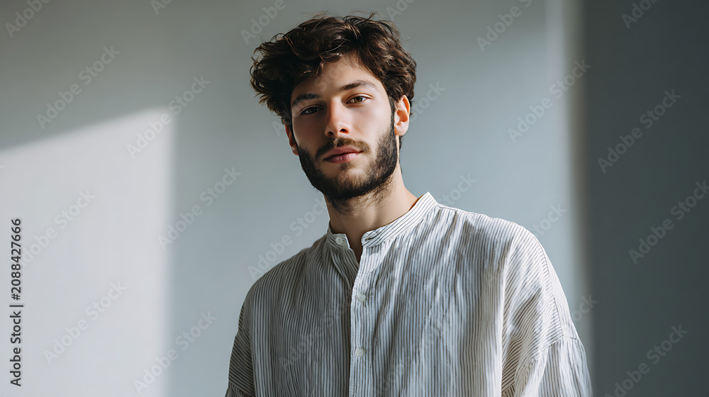 Obraz premium handsome man in white shirt standing confidently against wall with dramatic sunlight shadows