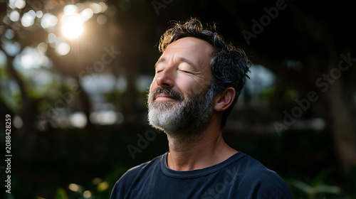 serene portrait of man practicing mindfulness breathing outdoors with sunlight and trees behind
