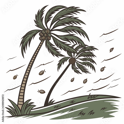 Konstfotografi Two palm trees with coconuts swaying in a strong wind with flying leaves on a wh