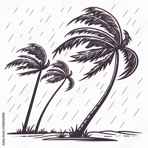 Fényképezés Palm trees swaying in heavy rain on a small island with diagonal rain lines and