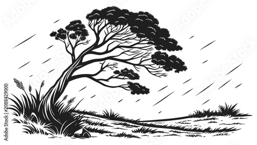 Fotografie A single tree bending in a rainstorm on a grassy field, black and white line on