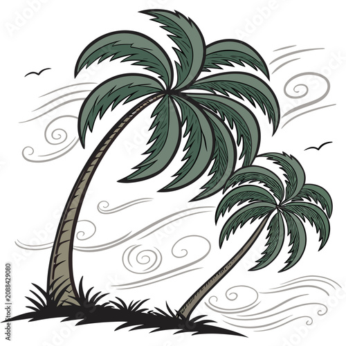 Fotografie Tropical palm trees swaying in a windy environment with swirling wind lines and