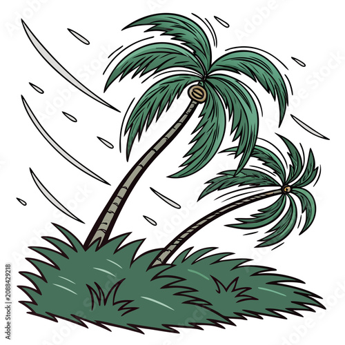 Obraz na plátně Two palm trees swaying in a strong wind with rain streaks over dense green bushe