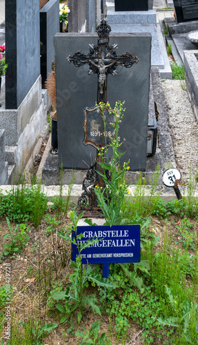 Abandoned, dilapidated, and unmarked old grave plot in an Austrian village cemetery