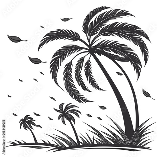 Fotografie Black and white of palm trees swaying in a strong wind with flying leaves on a c