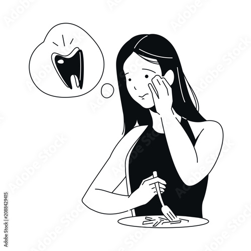 Female with Toothache - black and white flat design illustration
