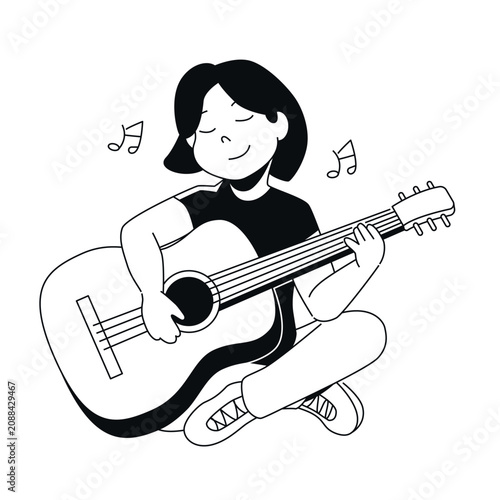 Girl with Guitar - Black and White Flat Design Illustration