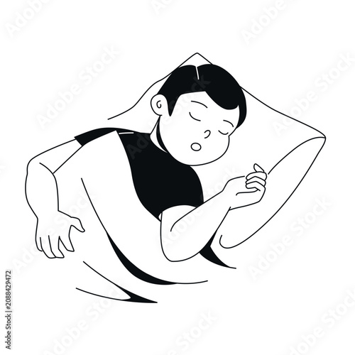 Boy Sleeping - Black and White Flat Design Illustration