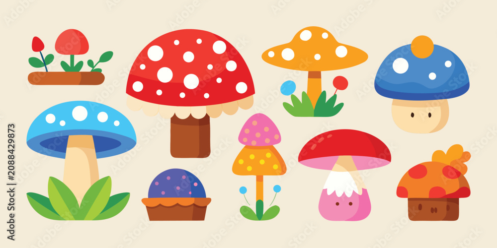 Fototapeta premium Cute cartoon mushroom forest elements sticker set in vector illustration