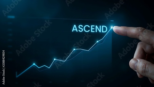 Tableau sur toile Hand touching ascending graph with 'ascend' text on dark background