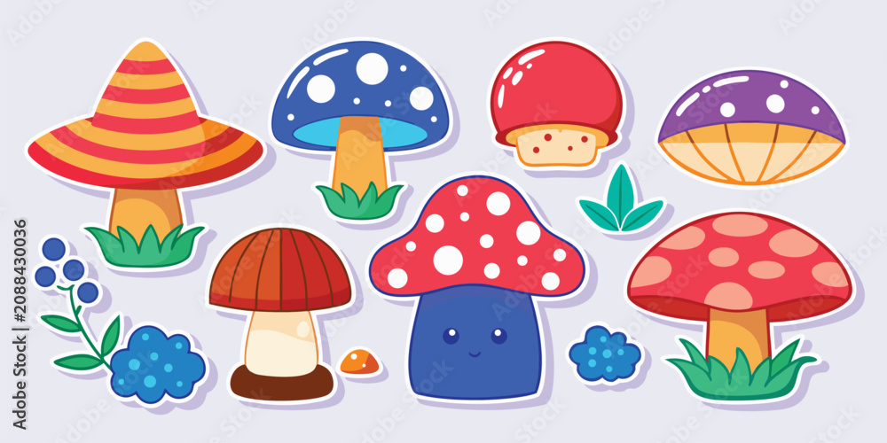 Fototapeta premium Cute cartoon mushroom sticker collection for scrapbooking and decoration