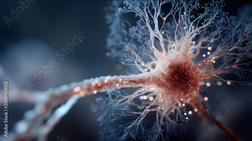 Detailed close-up of a neuron cell with branching dendrites and axon in neural network visualization